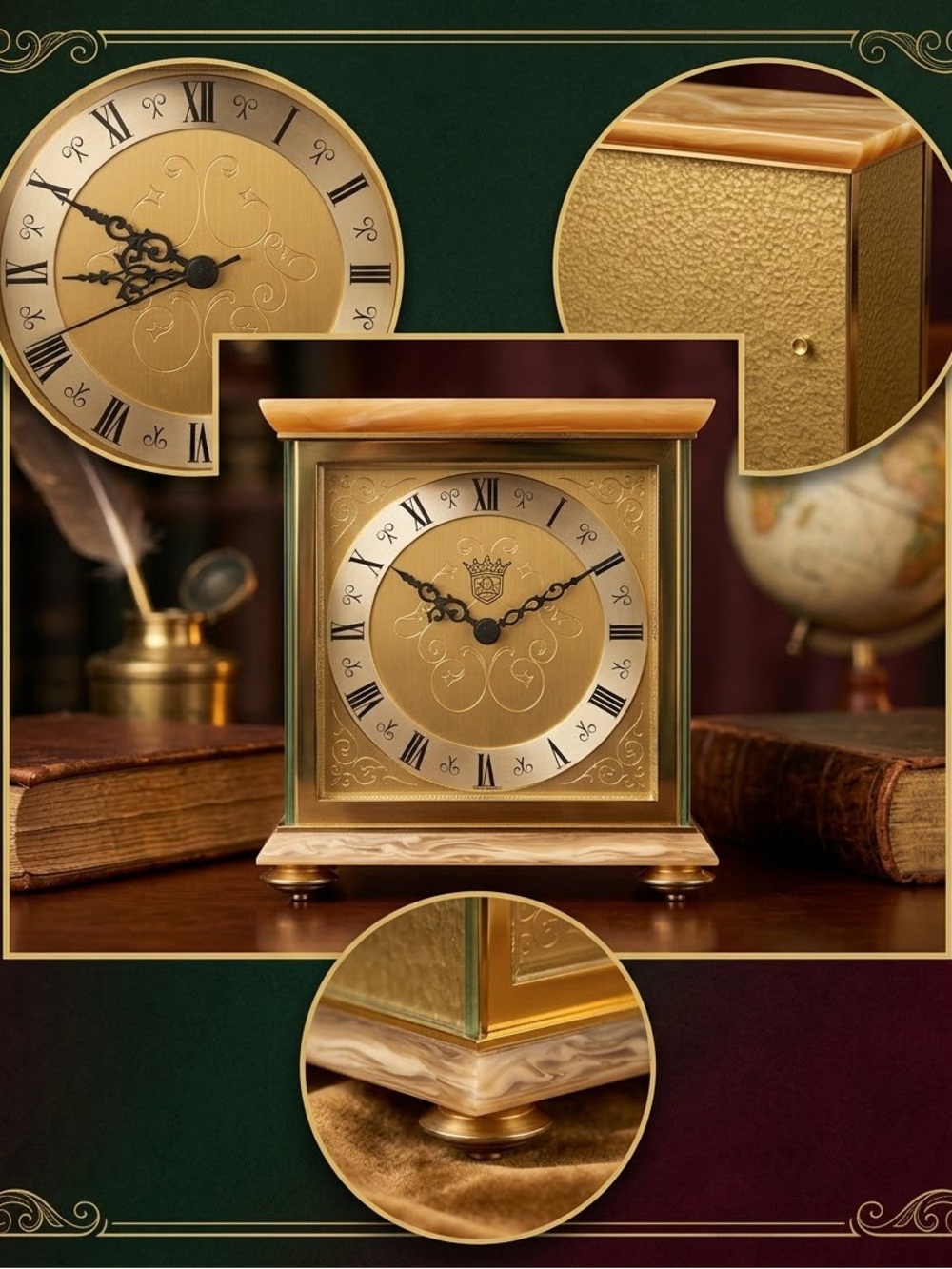 Elegant Vintage Kundo West Germany Brass Mantel Desk Clock Art Home Office